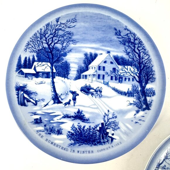 Vintage Blue White Currier & Ives “Old Homestead in Winter” Japan Plate Set of 2 - Picture 3 of 7